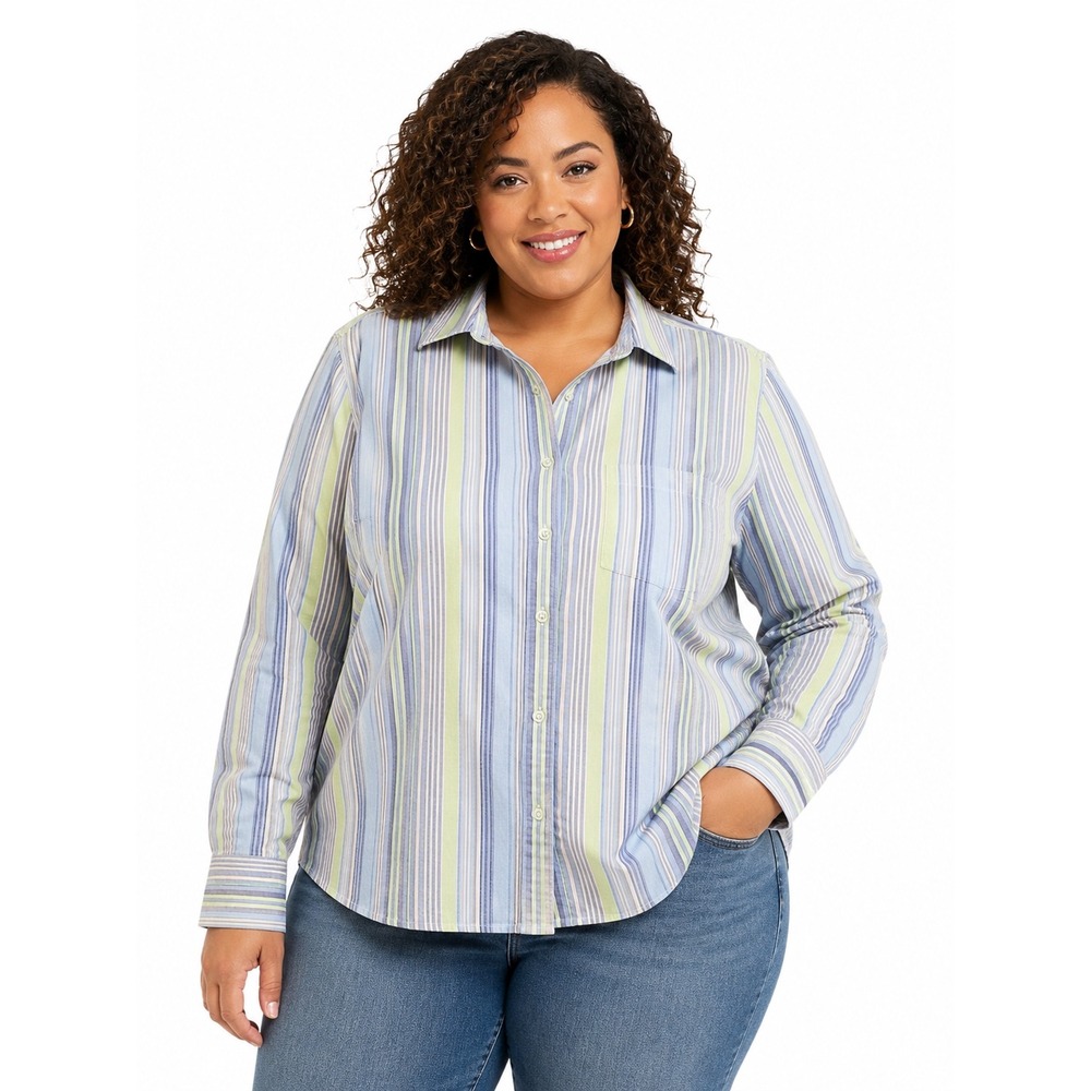 Lands End 1X 16W-18W Blue Green Striped Cotton Button Front Top Preppy Coastal